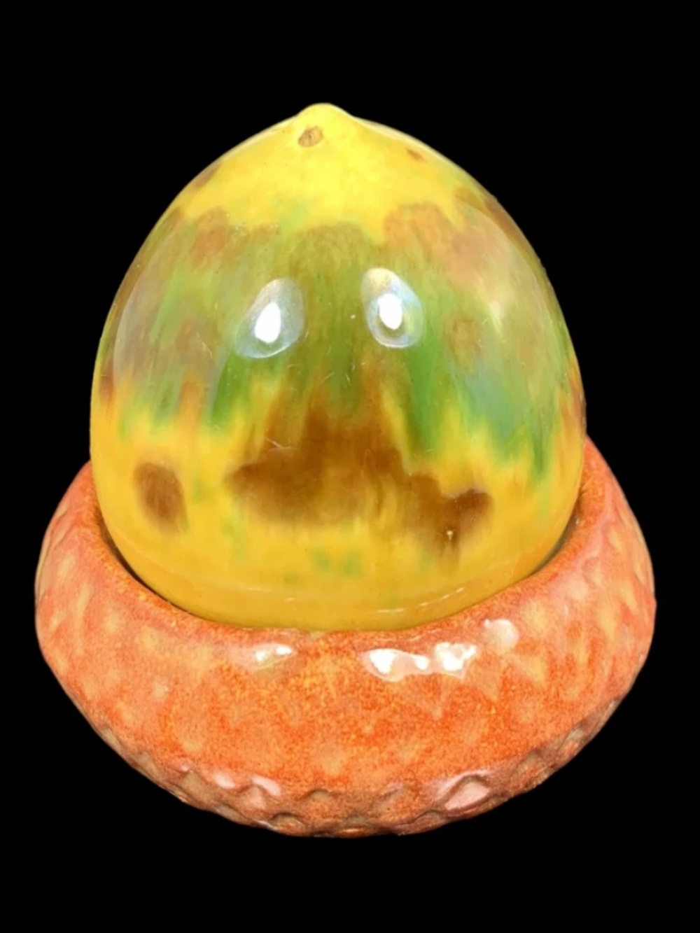 Nesting Stacking Acorn Nut Drip Glaze Salt & Pepper Shakers 3" Vintage NO STOPPE